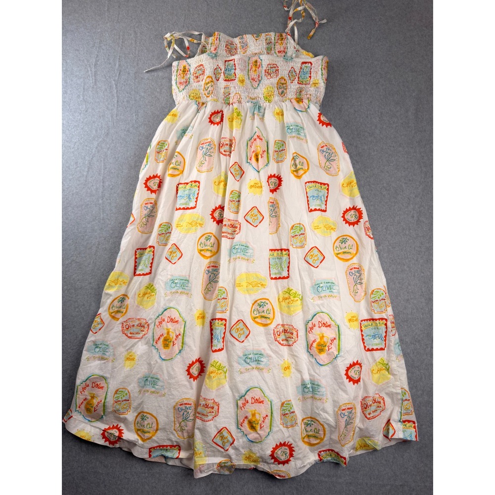 Cynthia Rowley Olive Oil Label Print Smocked Midi Dress White Large Tie Strap - Picture 10 of 11